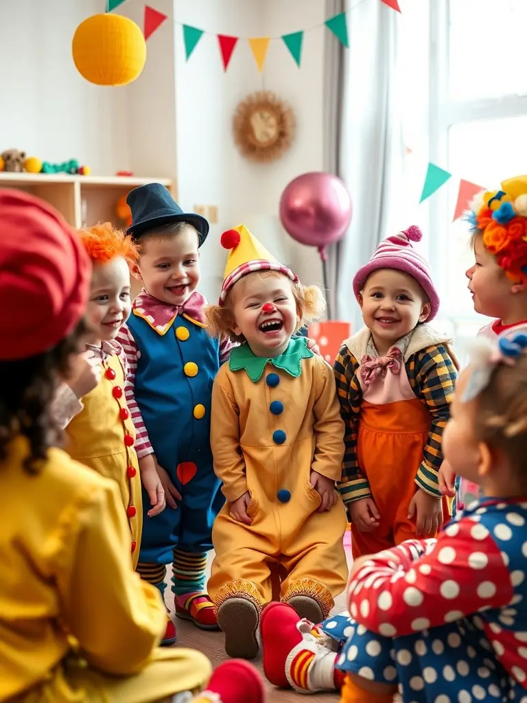 A dynamic image of children participating in a clowning workshop, with a professional clown instructor guiding them through various comedic techniques and physical expressions.