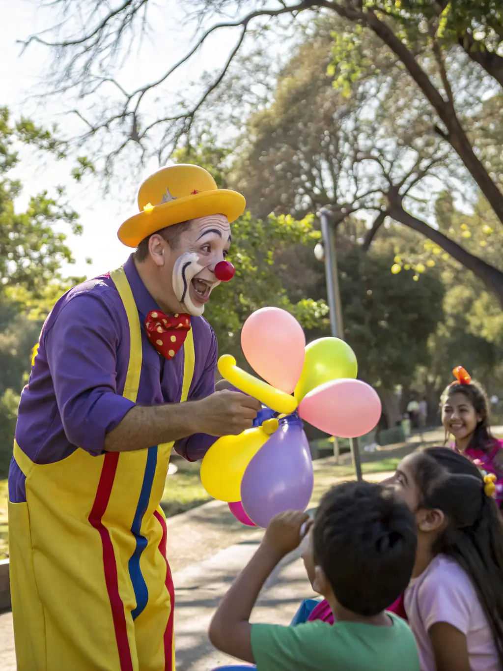 A vibrant photograph capturing a Y'AKAOUIR clown performance in a local park, with children laughing and interacting with the performers, showcasing the joy and community engagement the event brings.