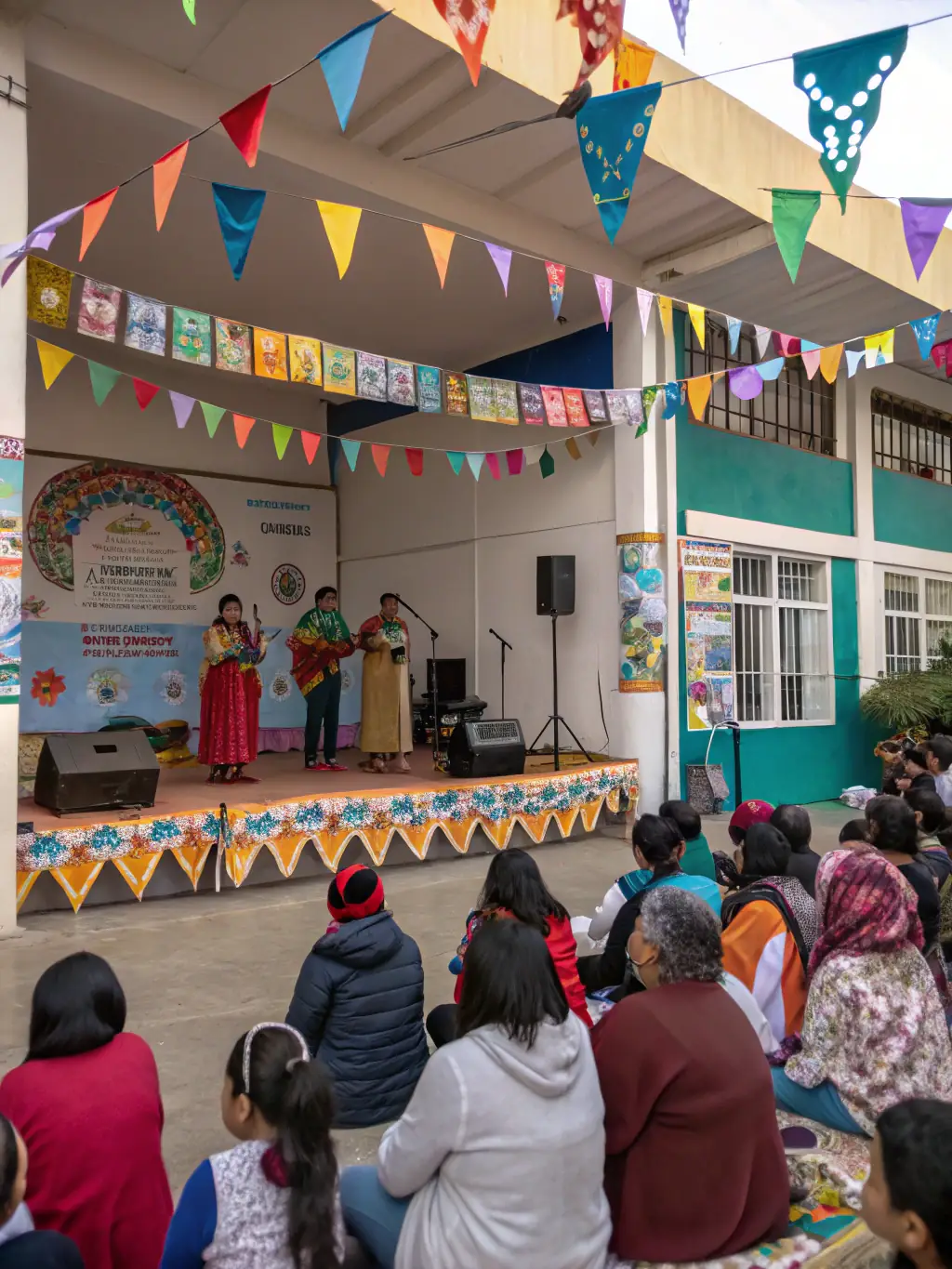 A photograph of a Y'AKAOUIR-sponsored cultural exchange event, featuring artists from different countries collaborating on a joint performance, with diverse cultural elements on display.