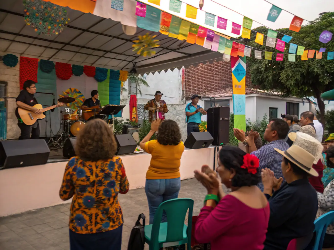 A vibrant photograph capturing a live musical performance by Y'AKAOUIR, featuring musicians and performers interacting with an enthusiastic audience in a community setting.