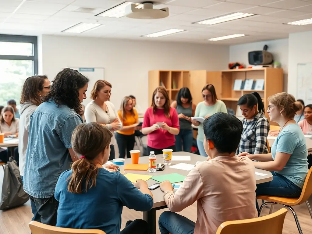 A dynamic image showcasing participants in a clowning workshop, learning techniques and engaging in creative exercises under the guidance of experienced instructors.