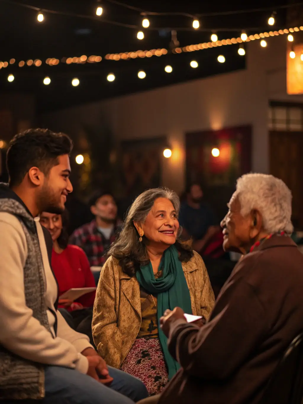 A captivating shot of an intergenerational group participating in a Y'AKAOUIR creative arts session, demonstrating the organization's commitment to strengthening community bonds.