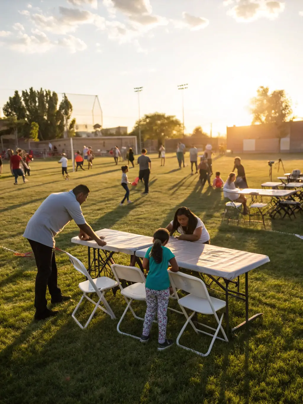 A dynamic image of volunteers setting up for a Y'AKAOUIR community event, emphasizing the organization's focus on strengthening local participation.