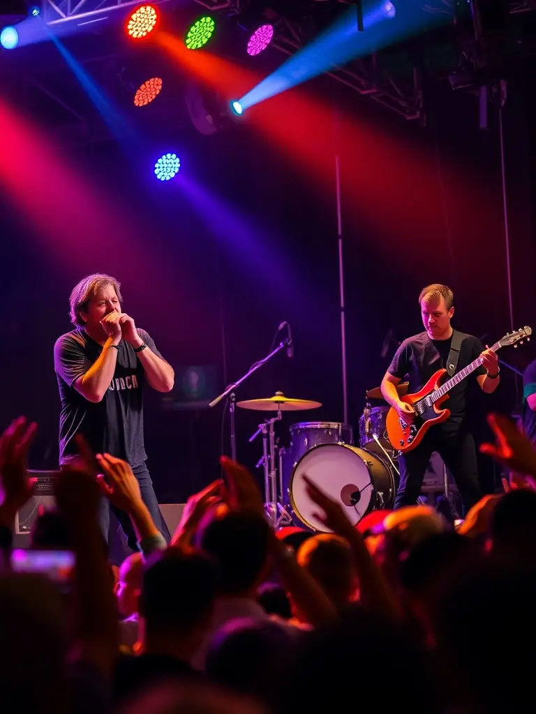 A photograph of musicians performing live on stage during a Y'AKAOUIR event, highlighting the organization's dedication to artistic expression.