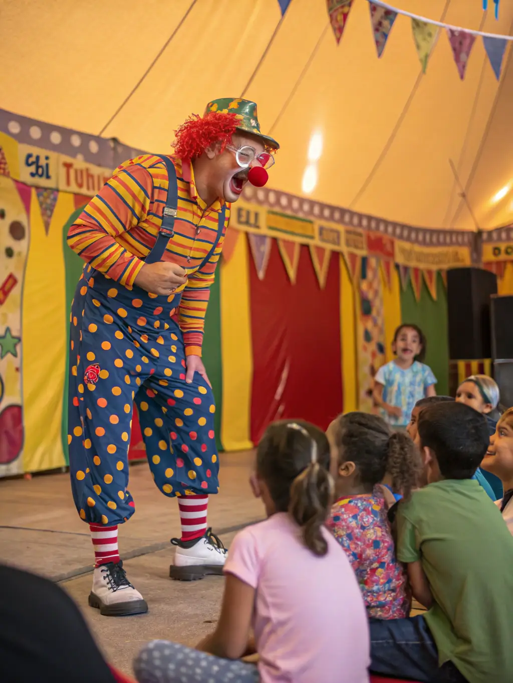 A vibrant image of children laughing and participating in a clown workshop, showcasing Y'AKAOUIR's commitment to creative awakening.